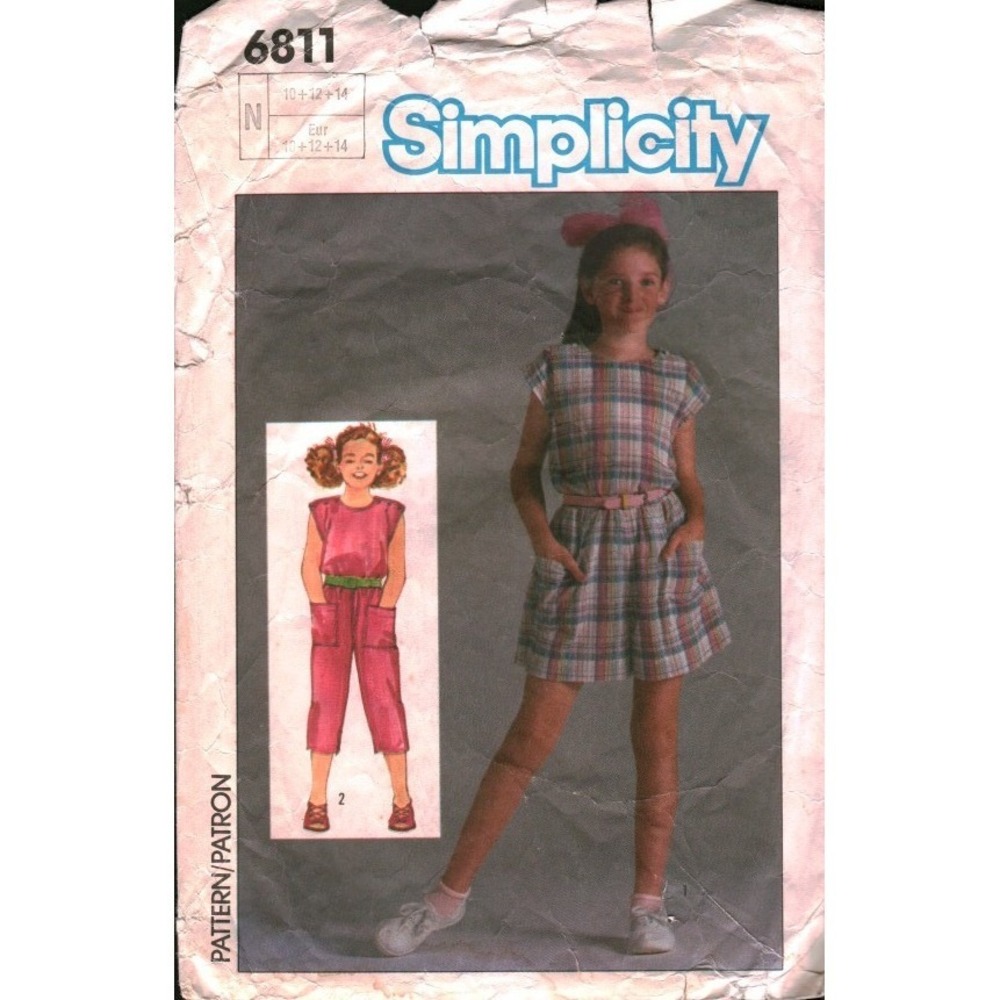 Simplicity 6811 Girls Jumpsuit Sewing Pattern 10 12 14 Vintage 1985 Short Crop‎
